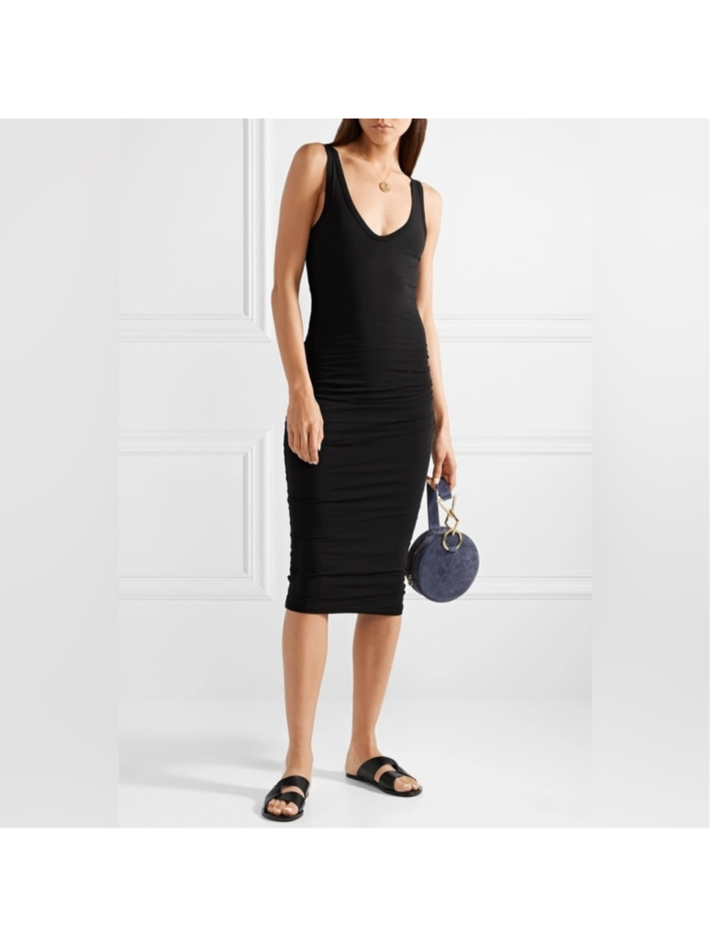 James Perse ruched dress Classic Black flattering shape minimalist sz sm